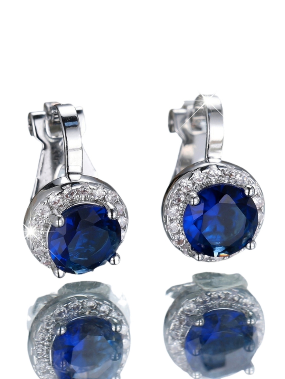 Silver Clip-on Earrings with Deep Blue Sapphire Stones